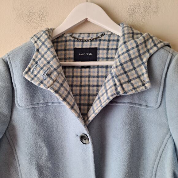 Lands' End Wool Blend Jacket Plaid Lined Hooded Coat Light Blue Women's Size 12 - Picture 5 of 10